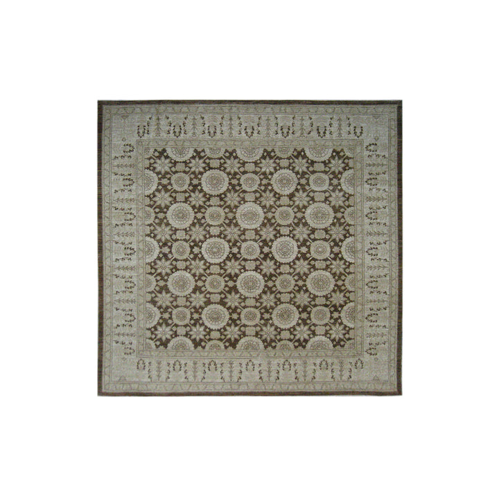 9'x9' Square Wool Rug | Tabriz Design | Brown Beige Area Rug