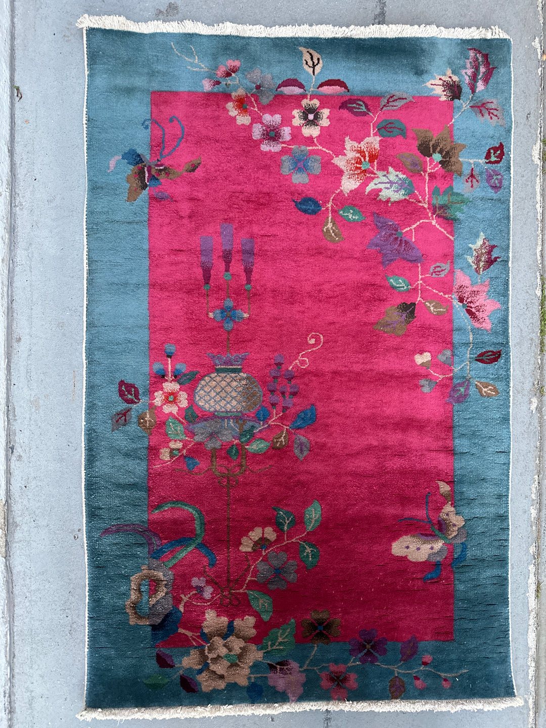 3'x5' Green and Red Floral Chinese Art Deco Rug