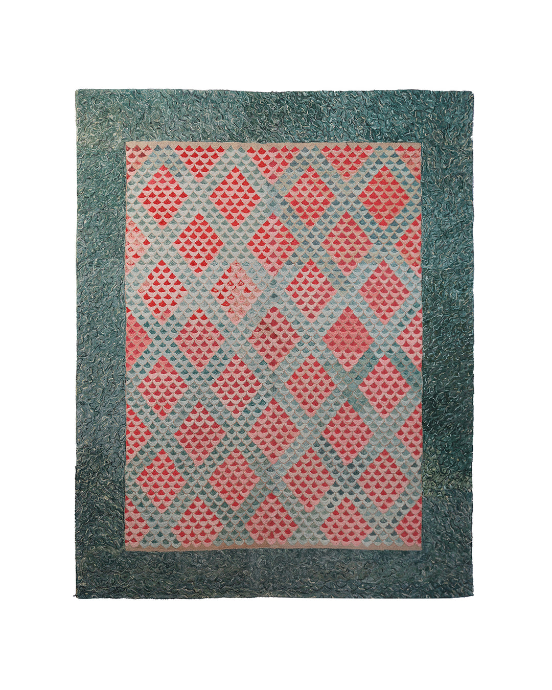 8'x10' Antique American Art Deco Hooked Rug | Red and Green Fish Scale Pattern