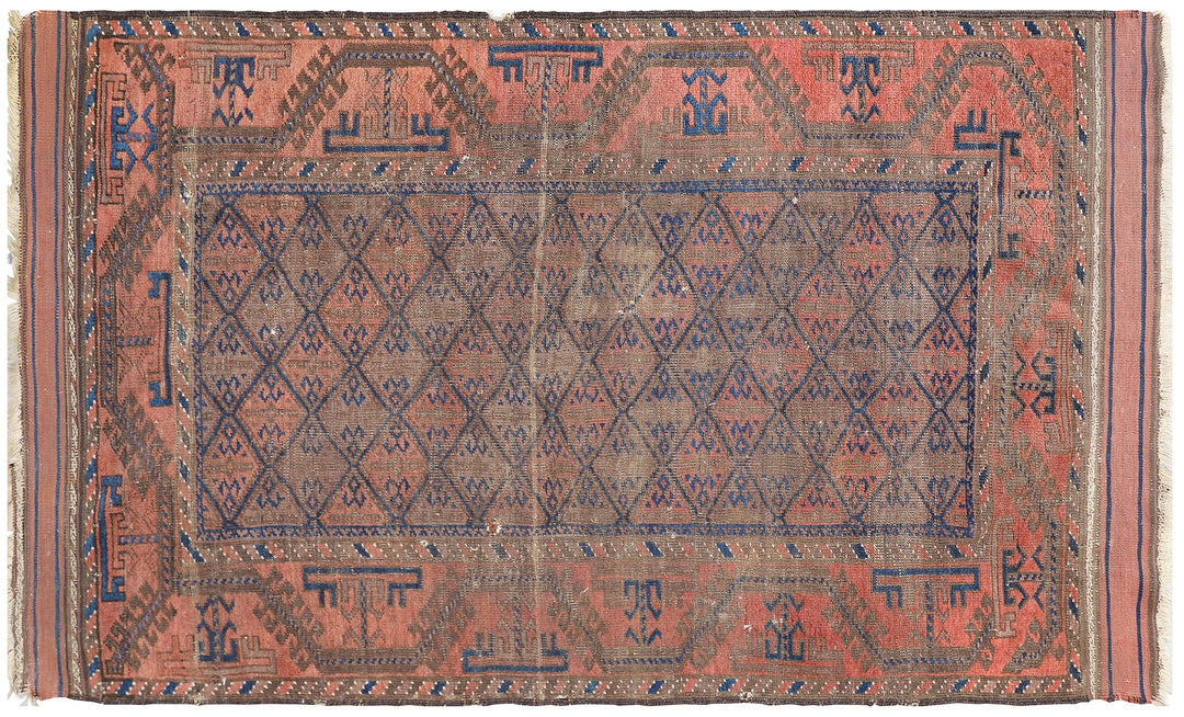 Vintage Baluch tribal area rug 6x10 with geometric pattern in purple, pink, orange, blue, hand-knotted in two pieces
