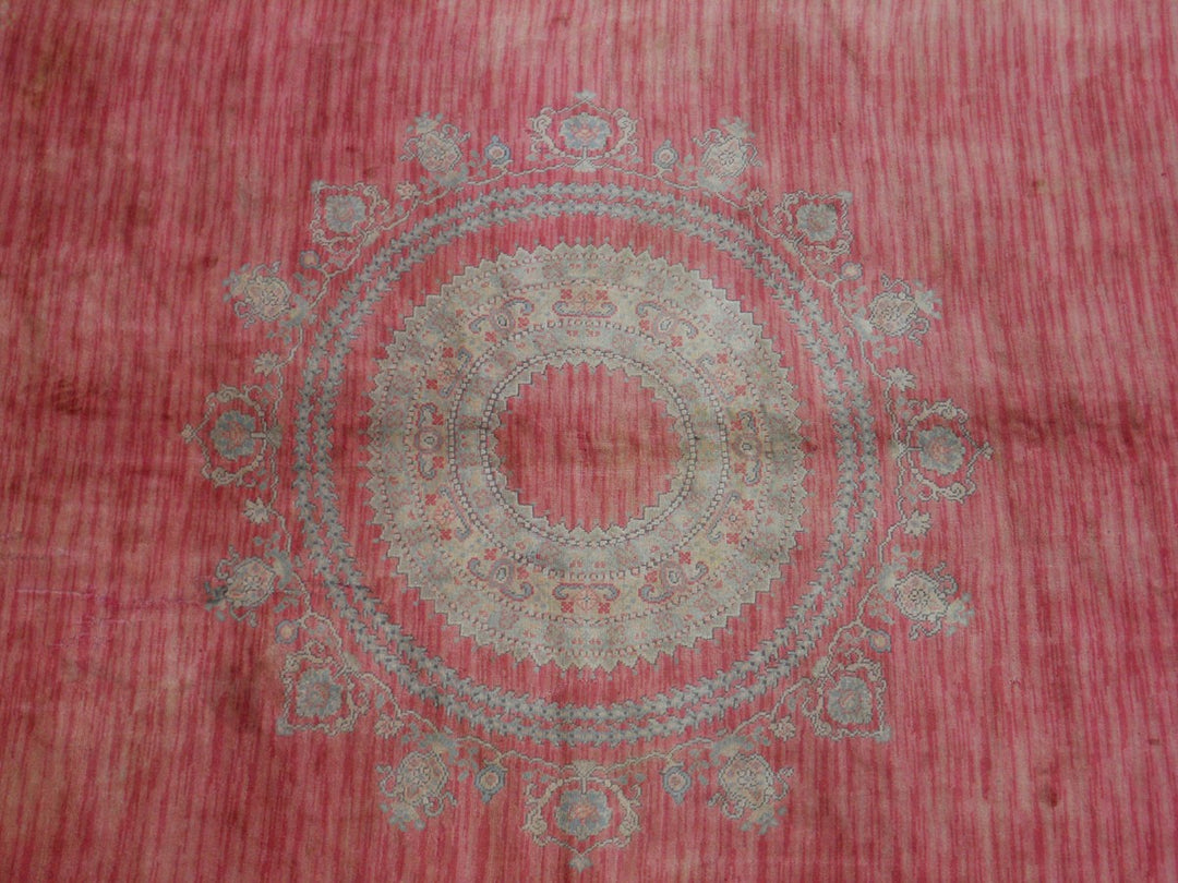 Rare 19ft Antique European Savonnerie Round Rug | Watermelon Red & Gold