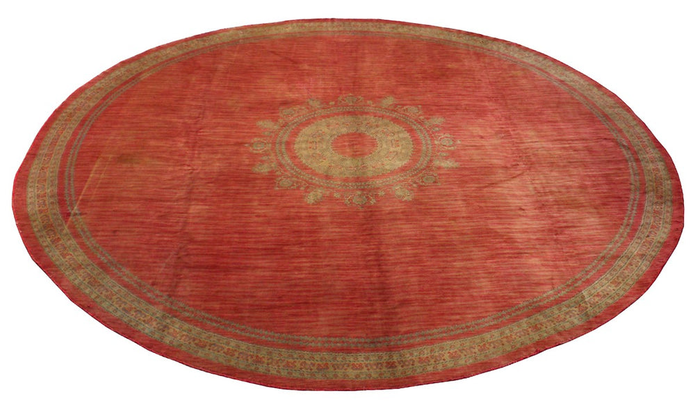 Rare 19ft Antique European Savonnerie Round Rug | Watermelon Red & Gold