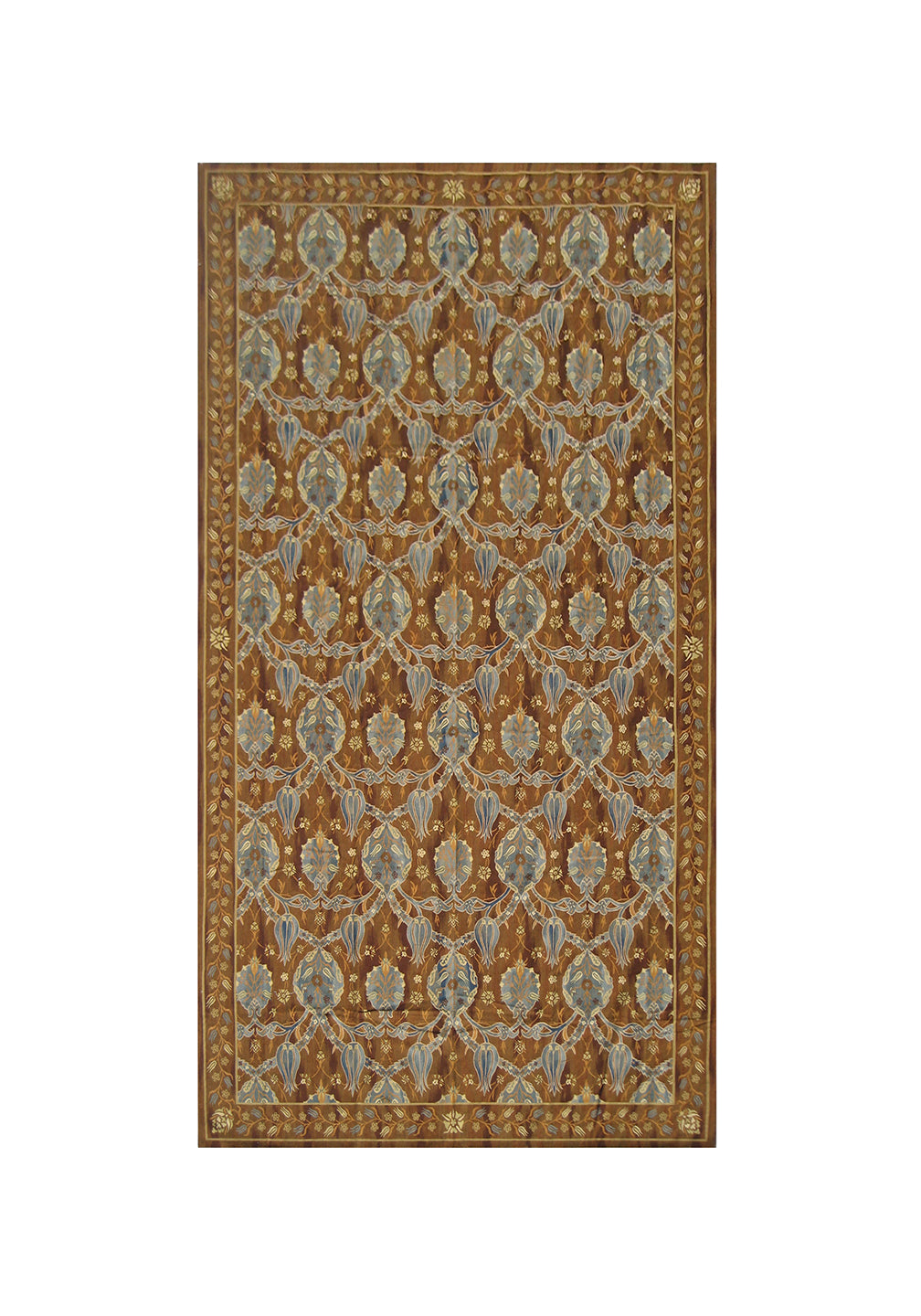 Handwoven brown and blue Bessarabian floral wool kilim in long gallery size, crafted by artisans from the Ariana Kilim Collection. Luxury flatweave rug.