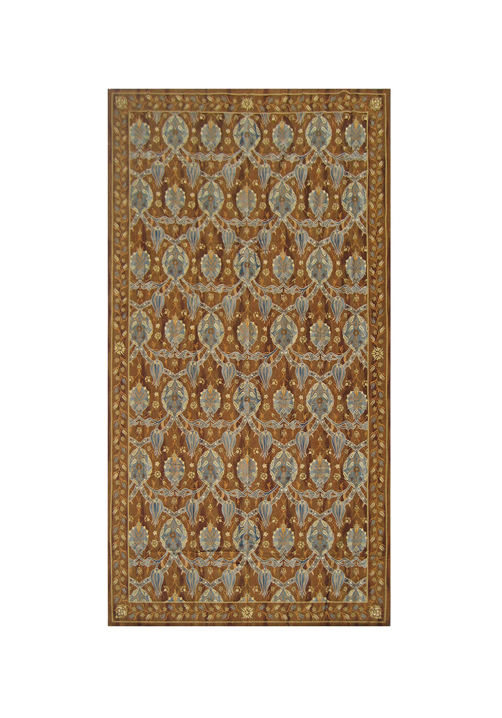 Handwoven brown and blue Bessarabian floral wool kilim in long gallery size, crafted by artisans from the Ariana Kilim Collection. Luxury flatweave rug.