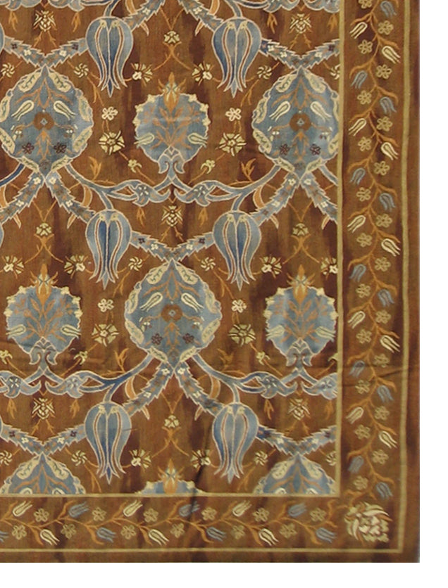 Handwoven brown and blue Bessarabian floral wool kilim in long gallery size, crafted by artisans from the Ariana Kilim Collection. Luxury flatweave rug.