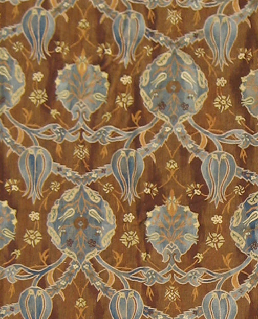 Handwoven brown and blue Bessarabian floral wool kilim in long gallery size, crafted by artisans from the Ariana Kilim Collection. Luxury flatweave rug.