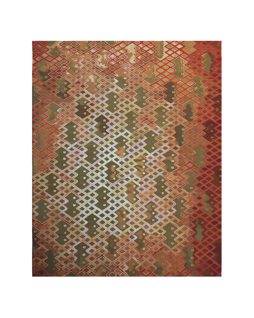 Handwoven modern geometric kilim in red, white, green, and gold, crafted from organic wool by women artisans. Luxury contemporary flatweave from the Ariana Kilim Collection.