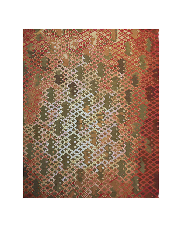Handwoven modern geometric kilim in red, white, green, and gold, crafted from organic wool by women artisans. Luxury contemporary flatweave from the Ariana Kilim Collection.