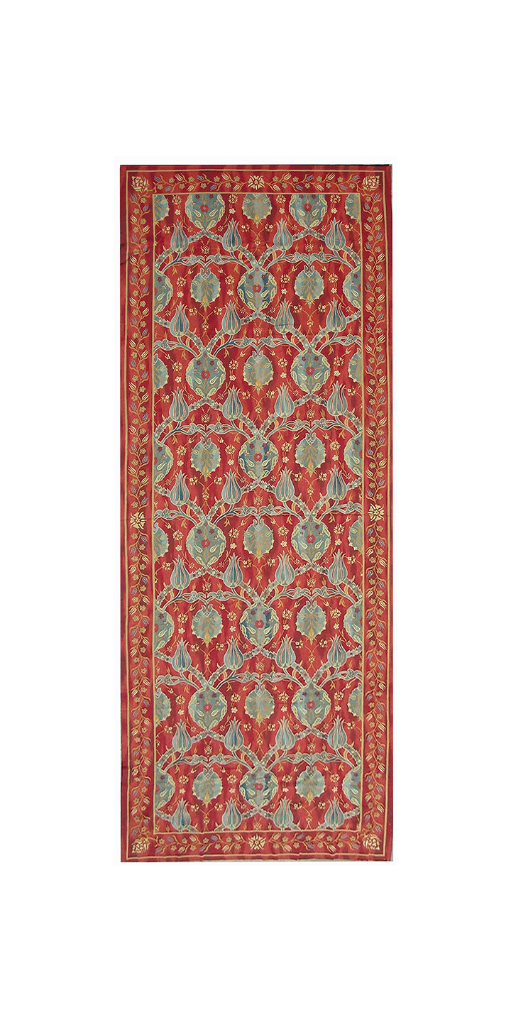 Long handwoven Ottoman‑design Aubusson kilim in red, blue, and tan wool. Gallery‑size flatweave rug from the Ariana Modern Aubusson Collection.