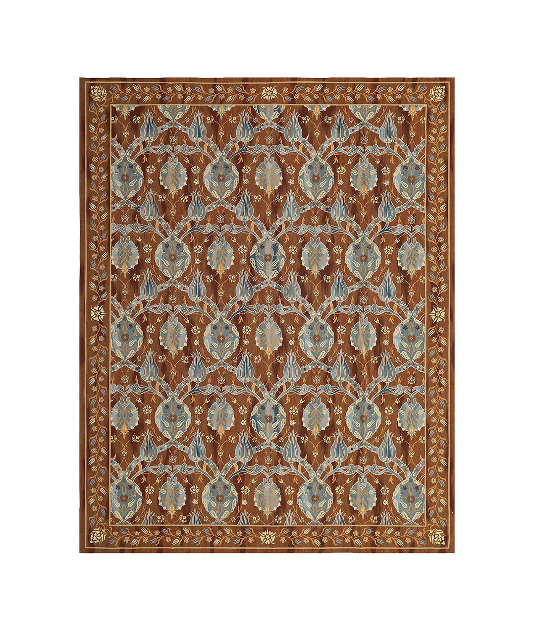 Handwoven Ottoman‑inspired kilim rug in earthy browns and vibrant blues, crafted from organic wool on a cotton foundation by Afghan artisans. High‑end geometric flatweave design.