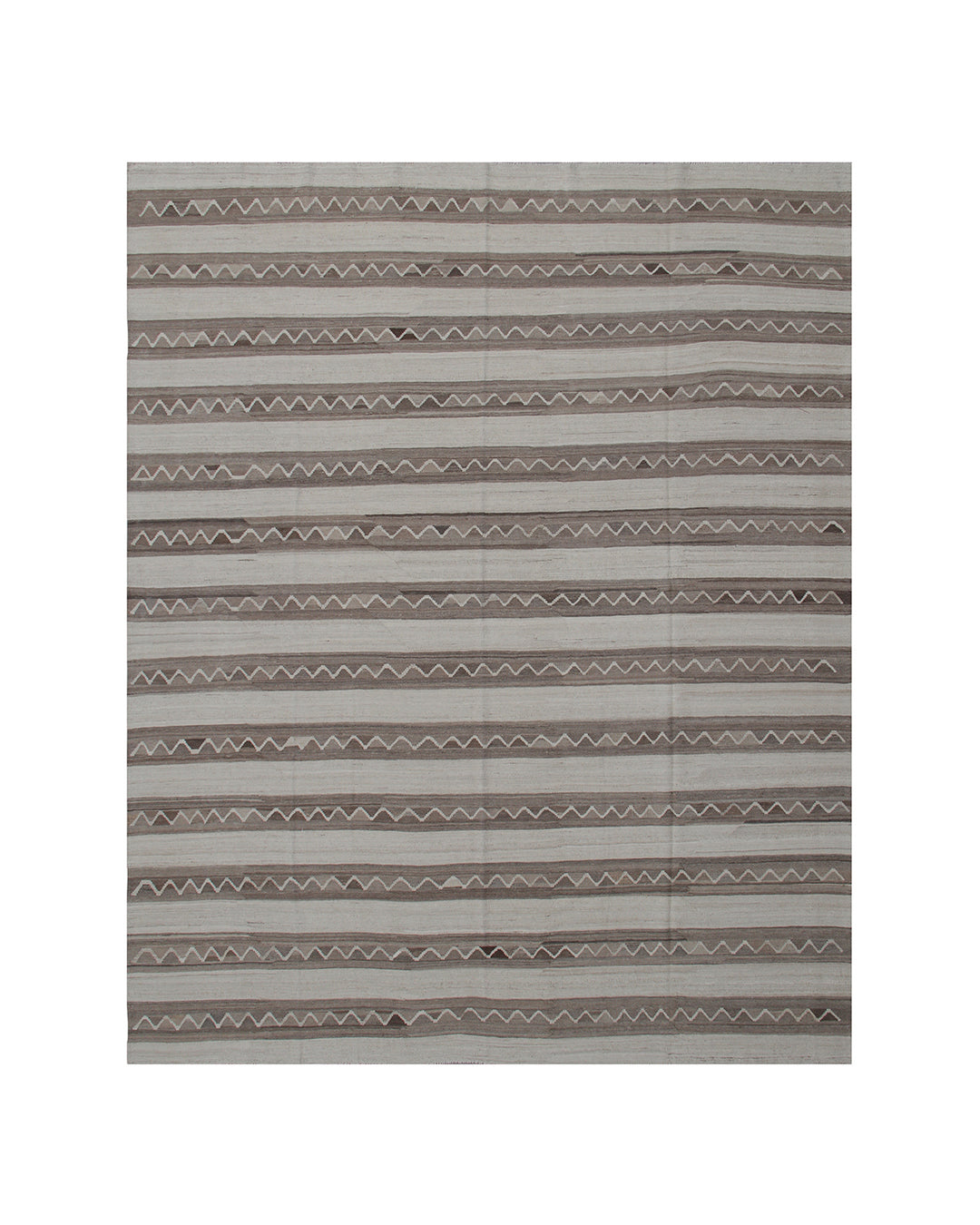 Handwoven beige and brown striped wool kilim with zigzag motif, crafted in Afghanistan. Luxury flatweave rug from the Ariana Kilim Collection.