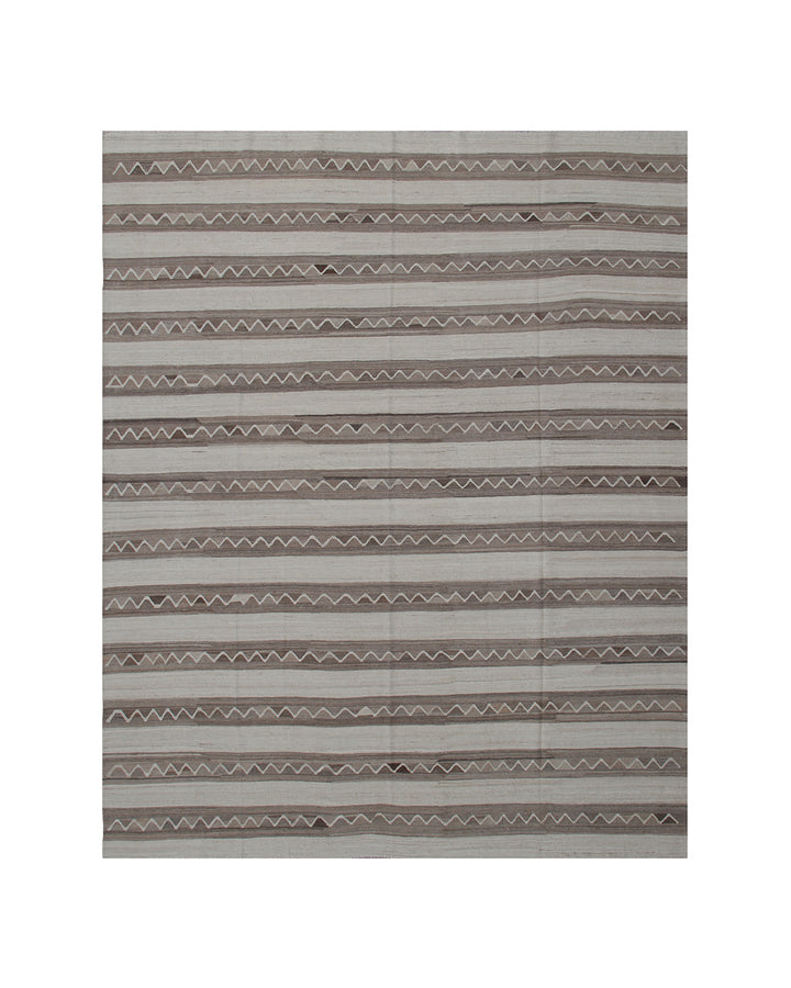 Handwoven beige and brown striped wool kilim with zigzag motif, crafted in Afghanistan. Luxury flatweave rug from the Ariana Kilim Collection.