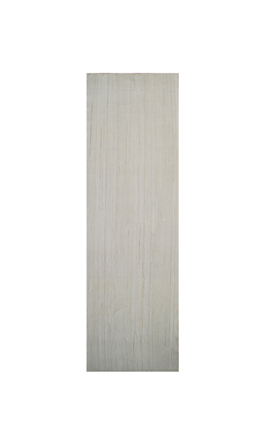 Full-length view of an authentic 4x14 solid light color handmade flatweave kilim runner rug from the Ariana Collection, showcasing its clean minimalist texture and wide wool-on-cotton weave.
