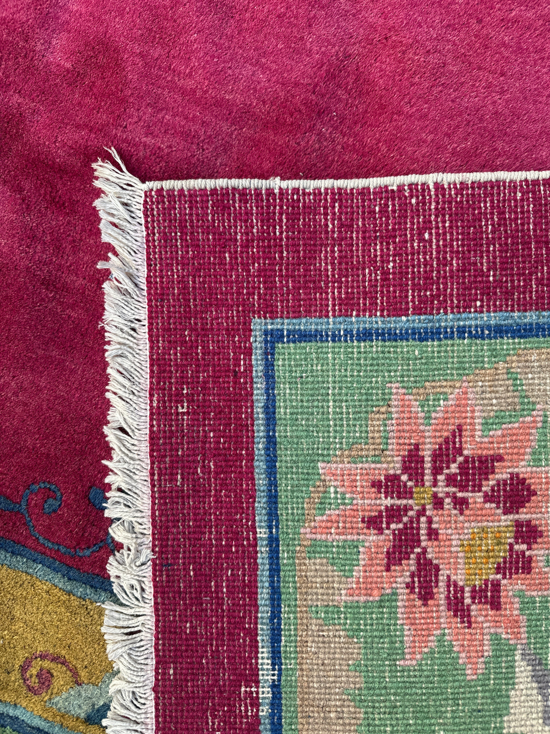 10'x13' Vintage Chinese Art Deco Rug | Pink & Green Rug
