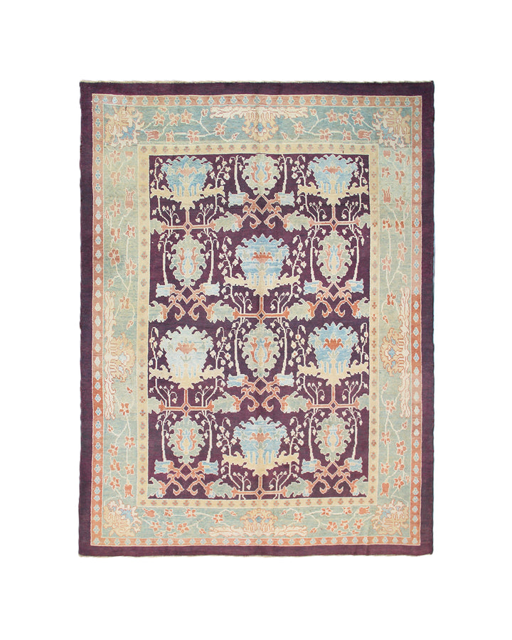 15x10 Dark Brown Burgundy Turkish Ushak rug with ivory and pastel orange Arts and Crafts floral pattern.