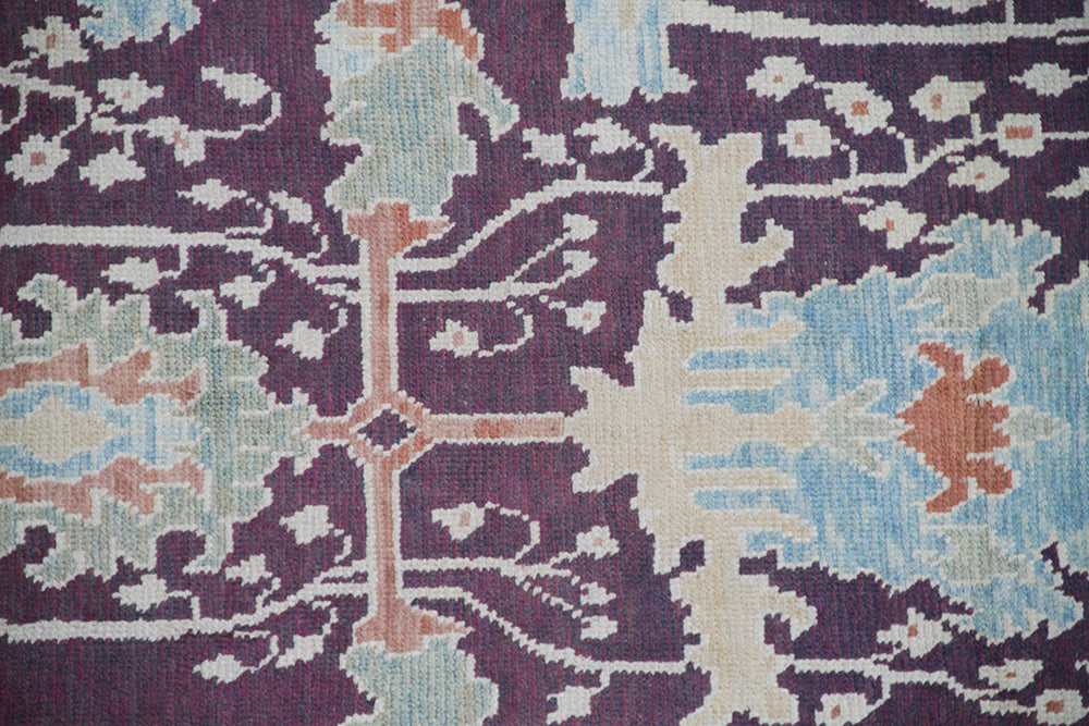 15x10 Dark Brown Burgundy Turkish Ushak rug with ivory and pastel orange Arts and Crafts floral pattern.