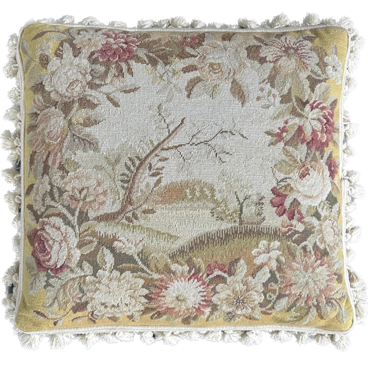 20" x 20" Yellow and Beige Botanical Floral Needlepoint Pillow