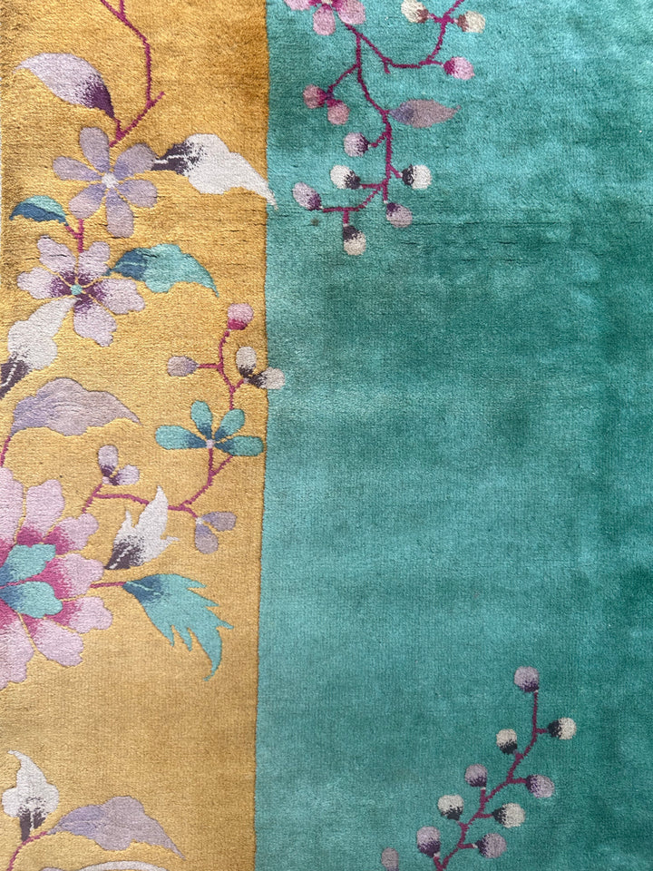 9'x12' Green and Gold Yellow Floral Vintage Chinese Art Deco Rug