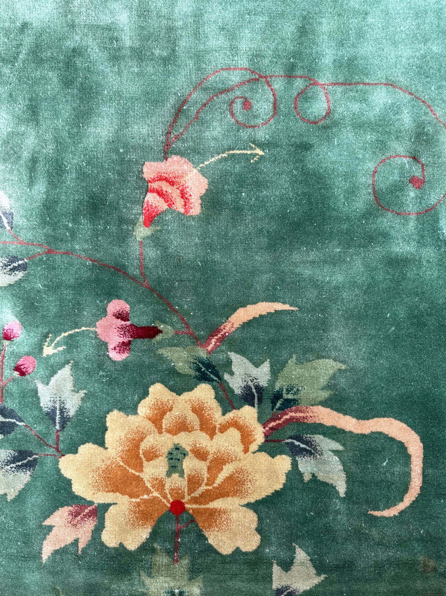 9'x11' Green Floral Vintage Chinese Art Deco Rug