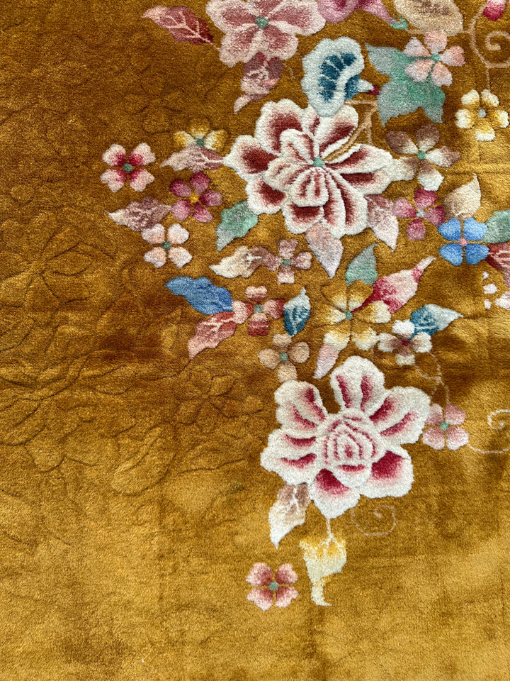 9'x12' Golden Yellow Floral Vintage Chinese Art Deco Area Rug