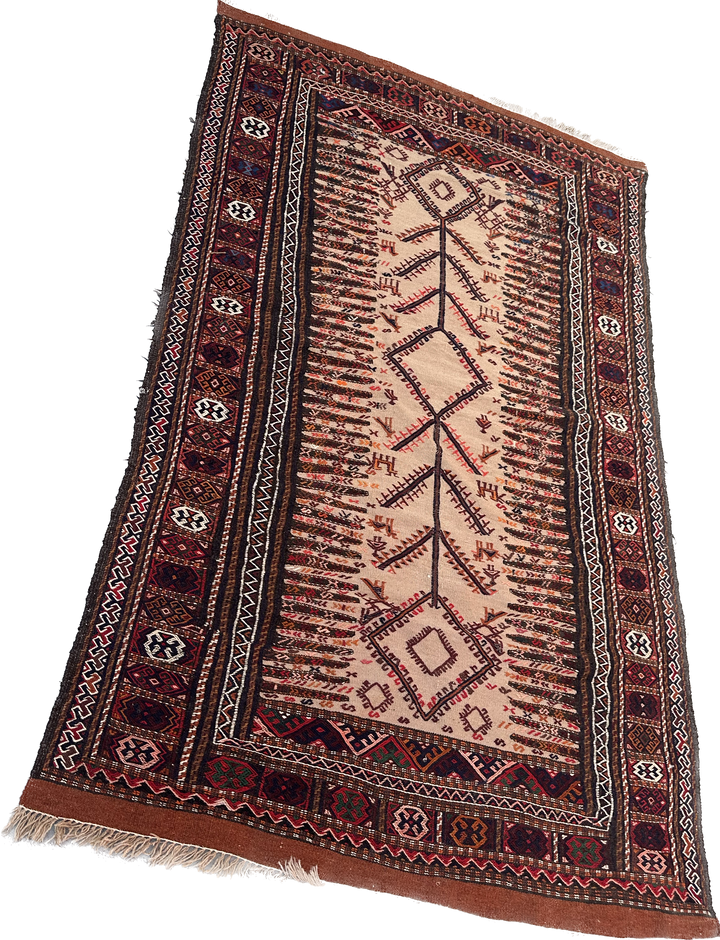 4'x6' Camel, Red, Blue Persian Qutchan Baluch Sofreh Woven Kilim