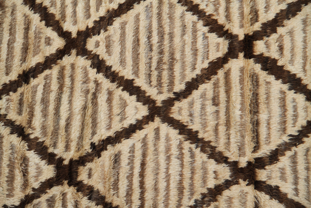 Luxury 12x9 hand-knotted Moroccan style camel brown shaggy rug made of organic wool on cotton foundation from the Ariana Barchi Collection.