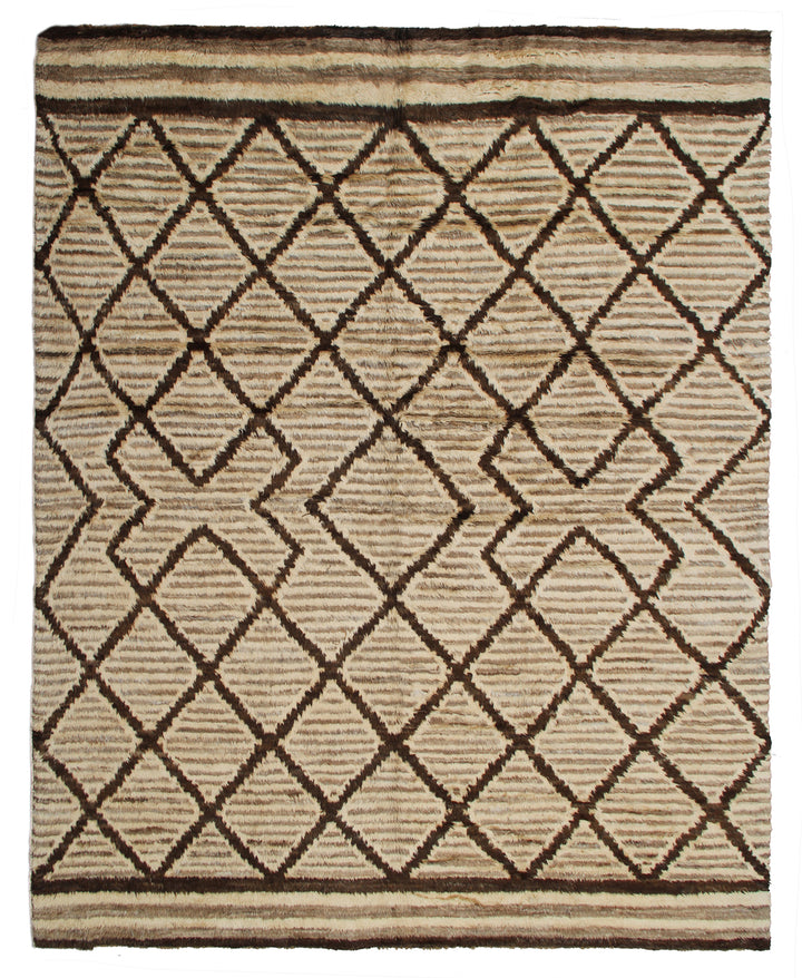 Luxury 12x9 hand-knotted Moroccan style camel brown shaggy rug made of organic wool on cotton foundation from the Ariana Barchi Collection.