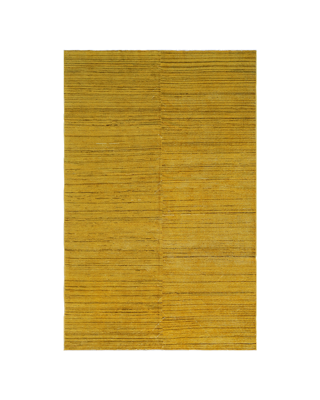 Hand-knotted wool Ariana Over-dye rug with a Mustard Gold and Brown Stria textured design, measuring 8’8” x 5’7”.