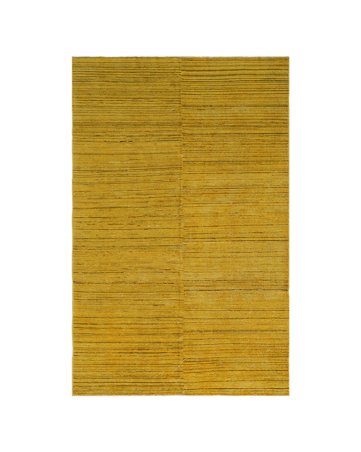 Hand-knotted wool Ariana Over-dye rug with a Mustard Gold and Brown Stria textured design, measuring 8’8” x 5’7”.