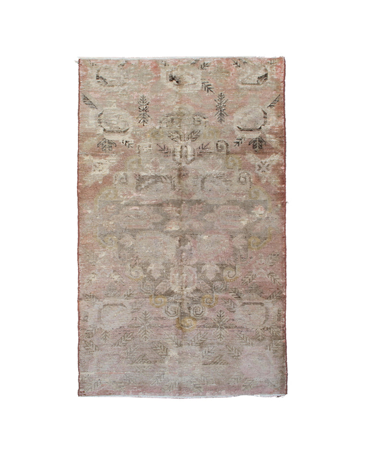 4x8 antique Samarkand hand-knotted wool area rug featuring faded floral motifs in muted tones by Ariana Rugs.
