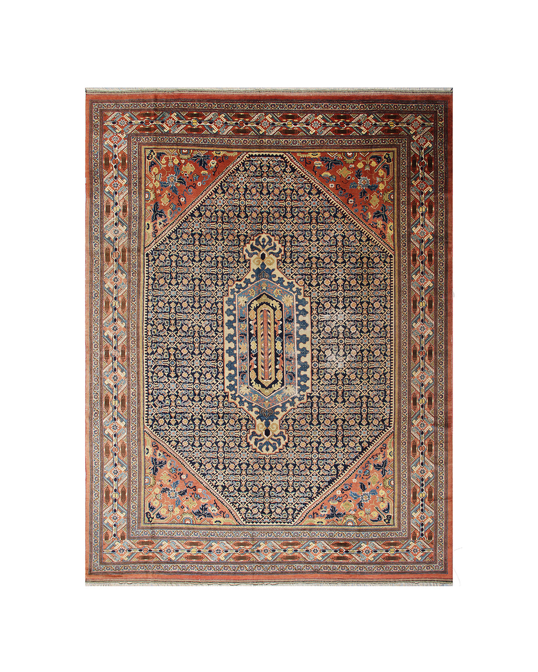 A large 9'4" x 12'2" vintage Khorasan wool rug featuring a navy blue field with intricate geometric patterns and a traditional Persian border.