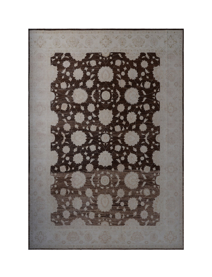 Transitional Floral Afghan Rug – Hand-Knotted | Rich Brown & Ivory
