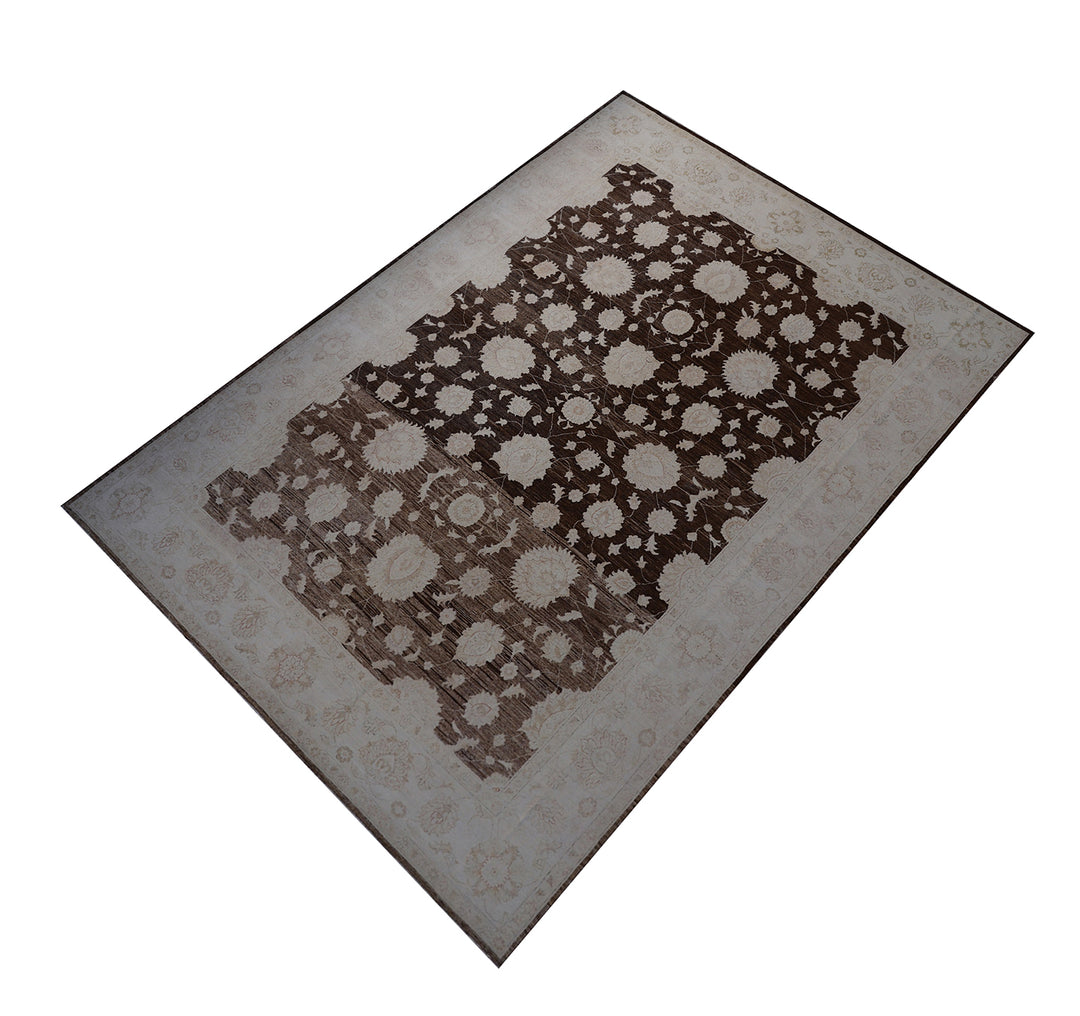 Transitional Floral Afghan Rug – Hand-Knotted | Rich Brown & Ivory