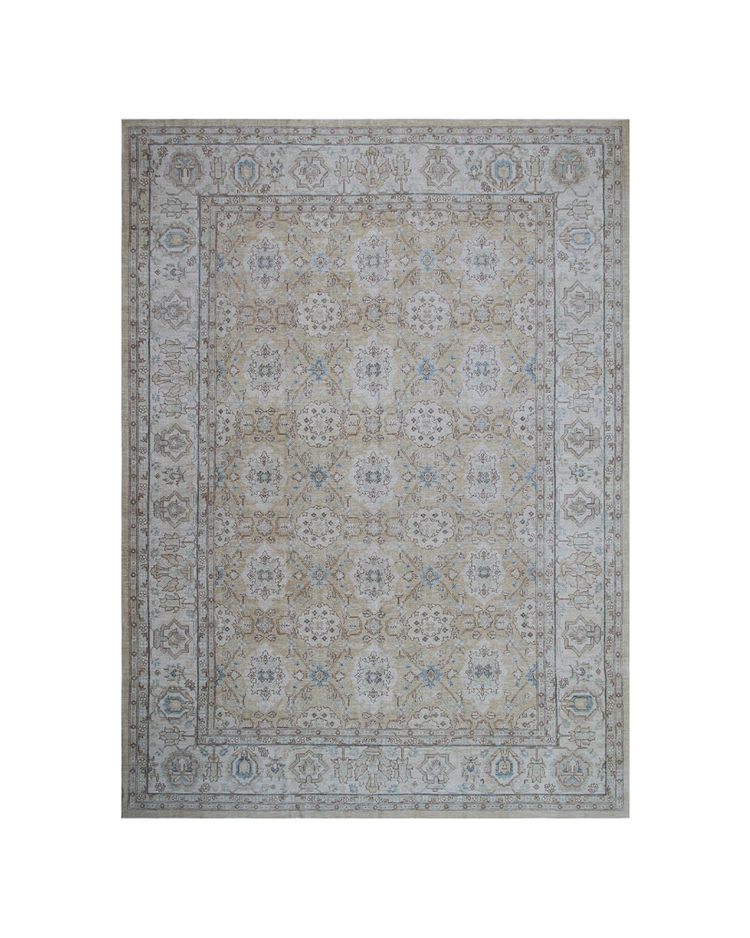 9x12 Afghan Agra Design Hand-Knotted Rug | Gold & Blue Organic Wool