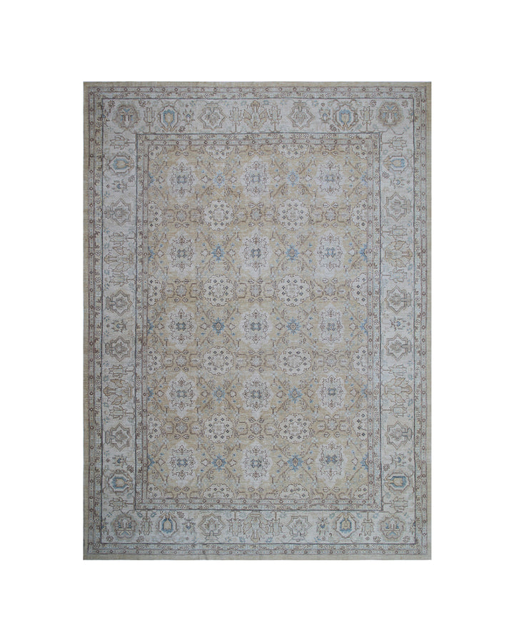 9x12 Afghan Agra Design Hand-Knotted Rug | Gold & Blue Organic Wool