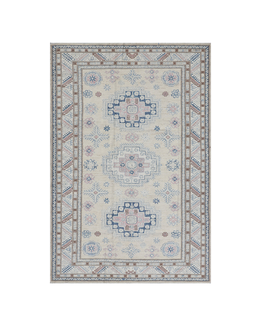 Full flat view of 6x9 blue and yellow geometric Caucasian design Afghan hand-knotted wool rug from Ariana Hazara Collection
