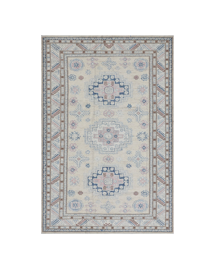 Full flat view of 6x9 blue and yellow geometric Caucasian design Afghan hand-knotted wool rug from Ariana Hazara Collection
