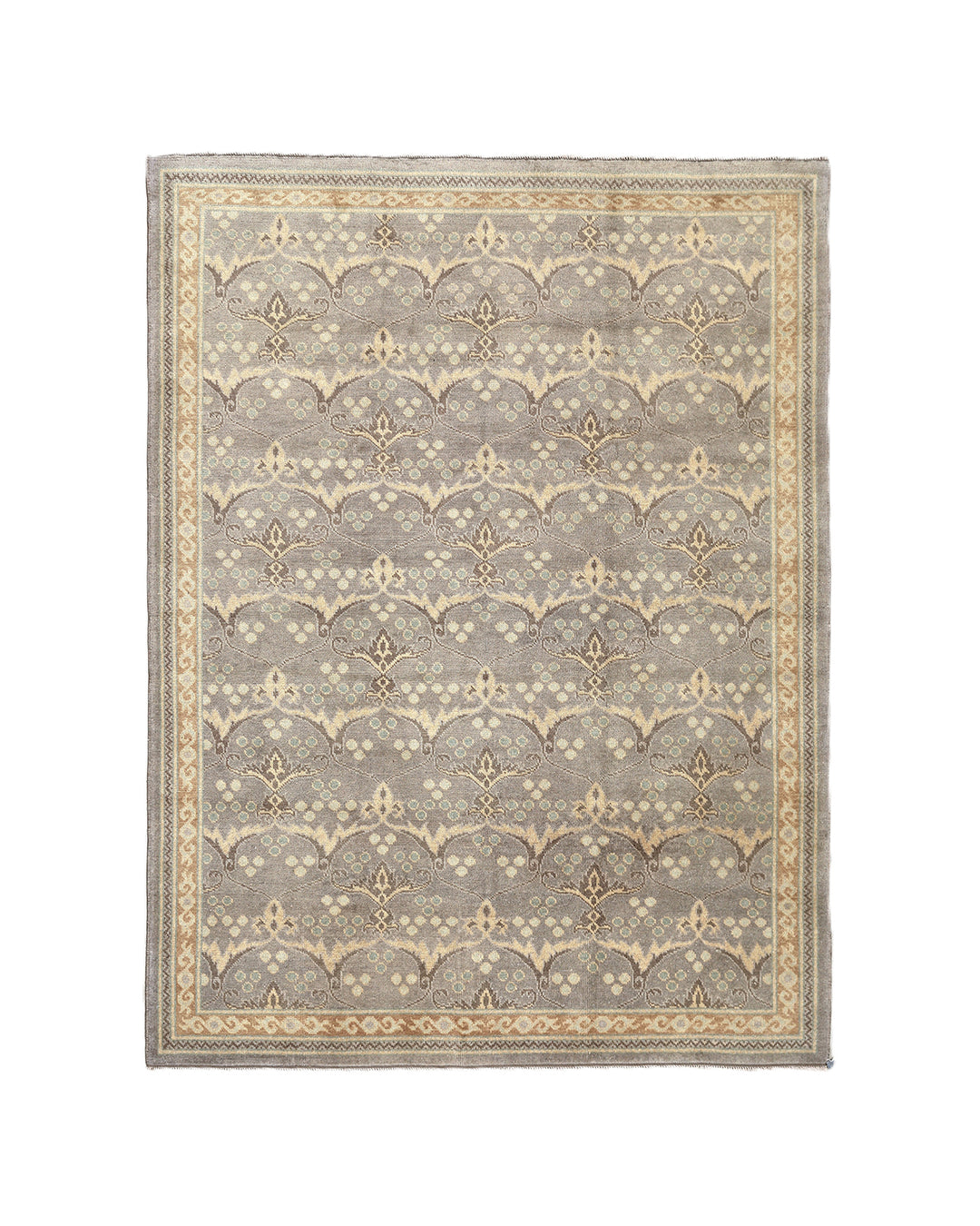 Hand-knotted 7' x 9'9" Afghan Oushak rug with an Ottoman design in soft grey, cream, and brown.