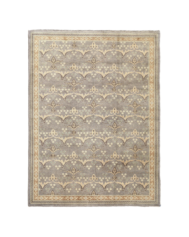 Hand-knotted 7' x 9'9" Afghan Oushak rug with an Ottoman design in soft grey, cream, and brown.