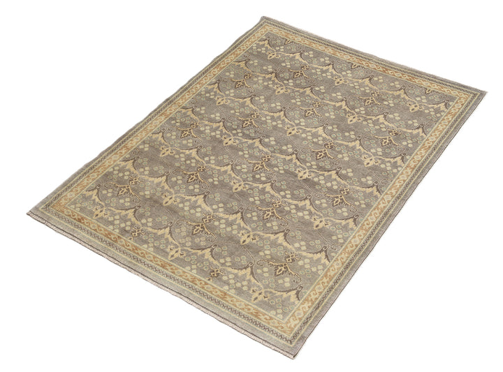 Hand-knotted 7' x 9'9" Afghan Oushak rug with an Ottoman design in soft grey, cream, and brown.