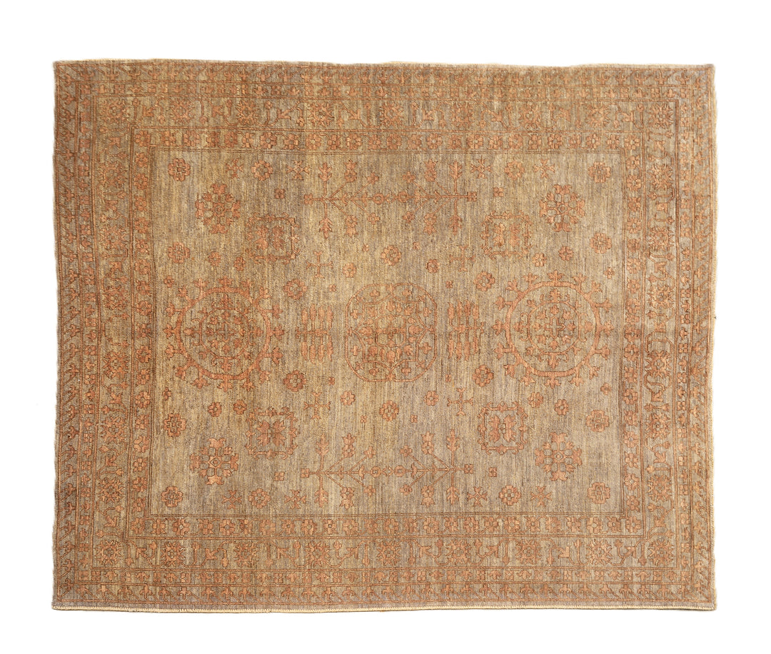 Hand-knotted 8'4" x 10' Afghan Oushak rug featuring a Samarkand medallion in soft coral and terracotta tones over a gray field.