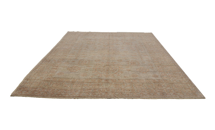 Hand-knotted 8'4" x 10' Afghan Oushak rug featuring a Samarkand medallion in soft coral and terracotta tones over a gray field.