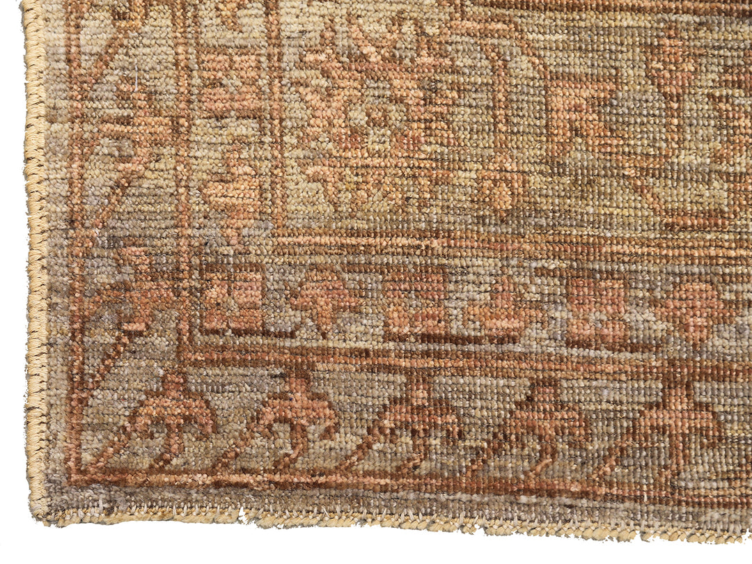 Hand-knotted 8'4" x 10' Afghan Oushak rug featuring a Samarkand medallion in soft coral and terracotta tones over a gray field.