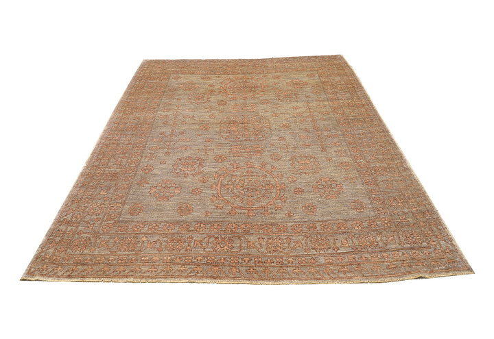Hand-knotted 8'4" x 10' Afghan Oushak rug featuring a Samarkand medallion in soft coral and terracotta tones over a gray field.