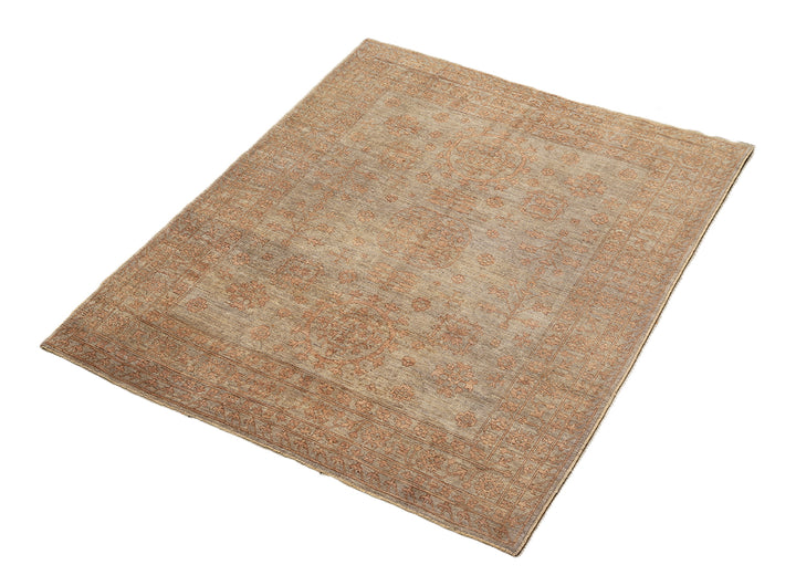 Hand-knotted 8'4" x 10' Afghan Oushak rug featuring a Samarkand medallion in soft coral and terracotta tones over a gray field.