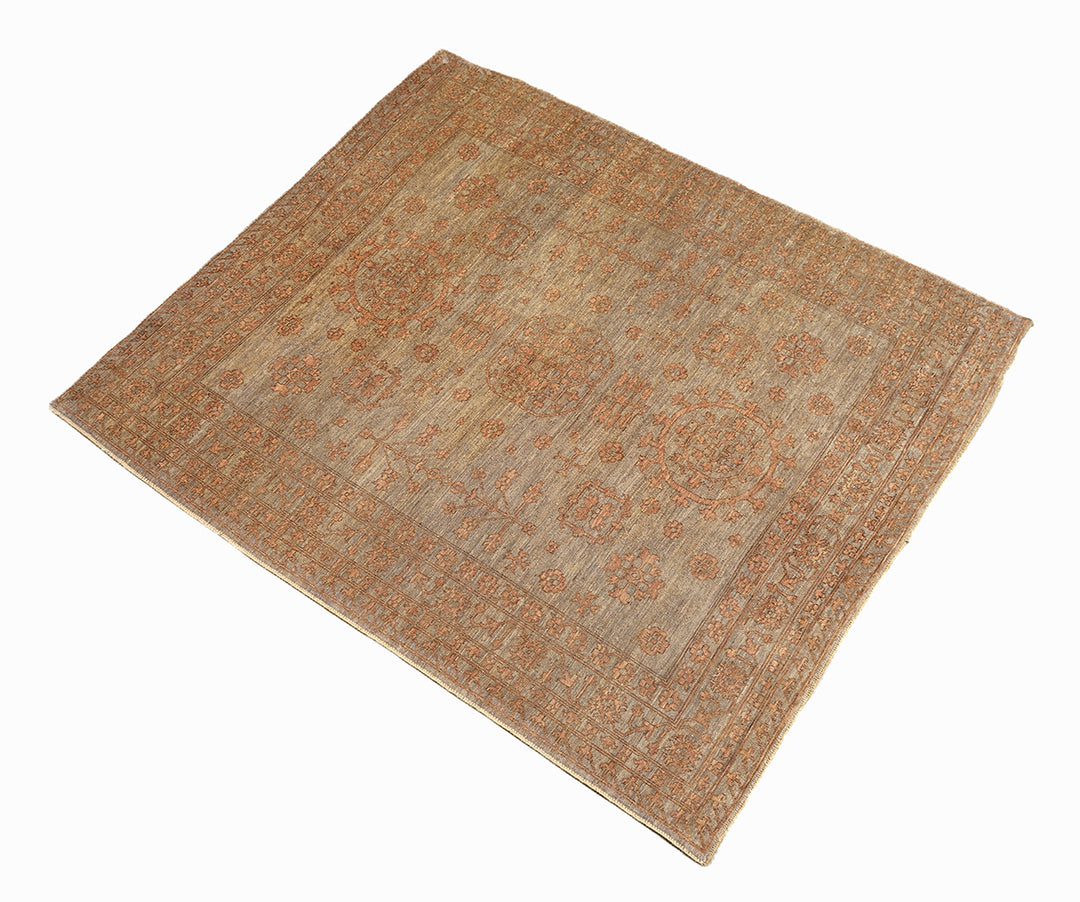 Hand-knotted 8'4" x 10' Afghan Oushak rug featuring a Samarkand medallion in soft coral and terracotta tones over a gray field.