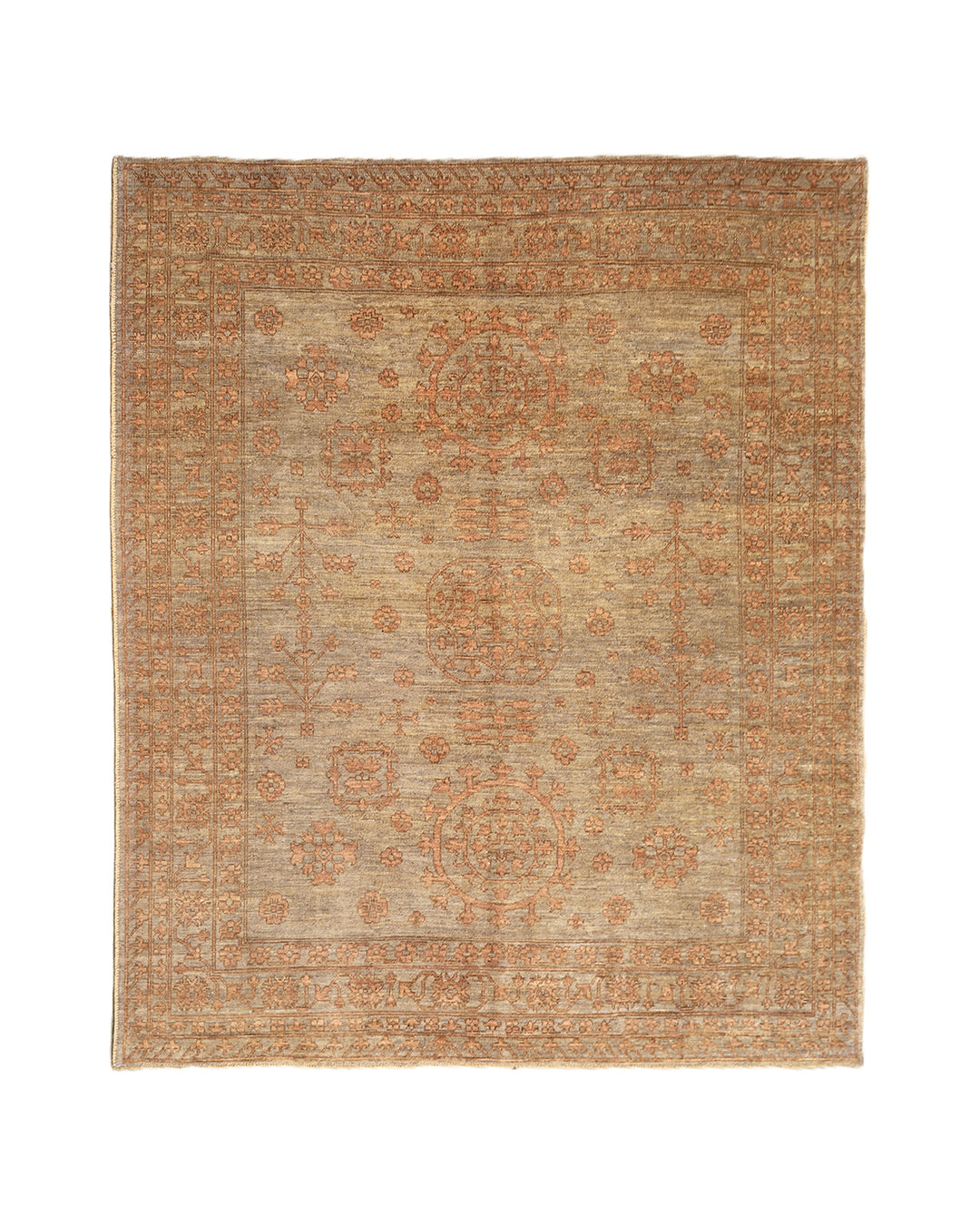 Hand-knotted 8'4" x 10' Afghan Oushak rug featuring a Samarkand medallion in soft coral and terracotta tones over a gray field.