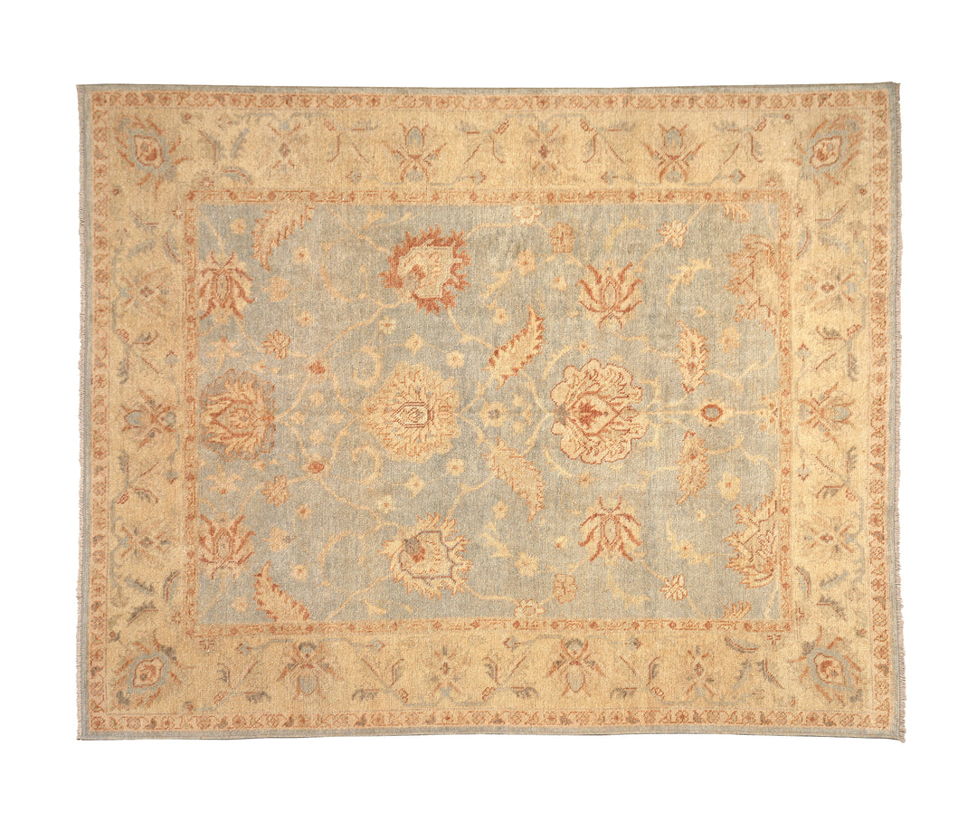 Hand-knotted 8'1" x 9'7" Afghan Oushak rug featuring a soft sky blue field with a sand goldish yellow border and terracotta and cream floral motifs.