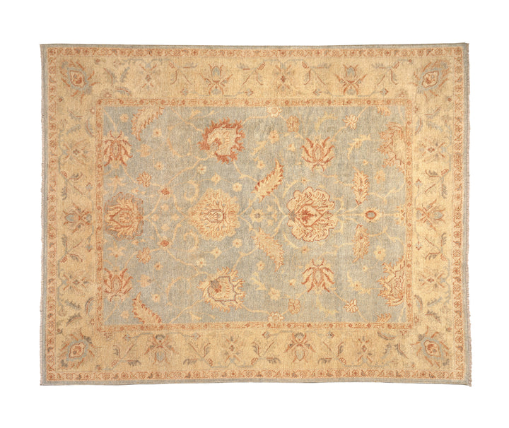 Hand-knotted 8'1" x 9'7" Afghan Oushak rug featuring a soft sky blue field with a sand goldish yellow border and terracotta and cream floral motifs.
