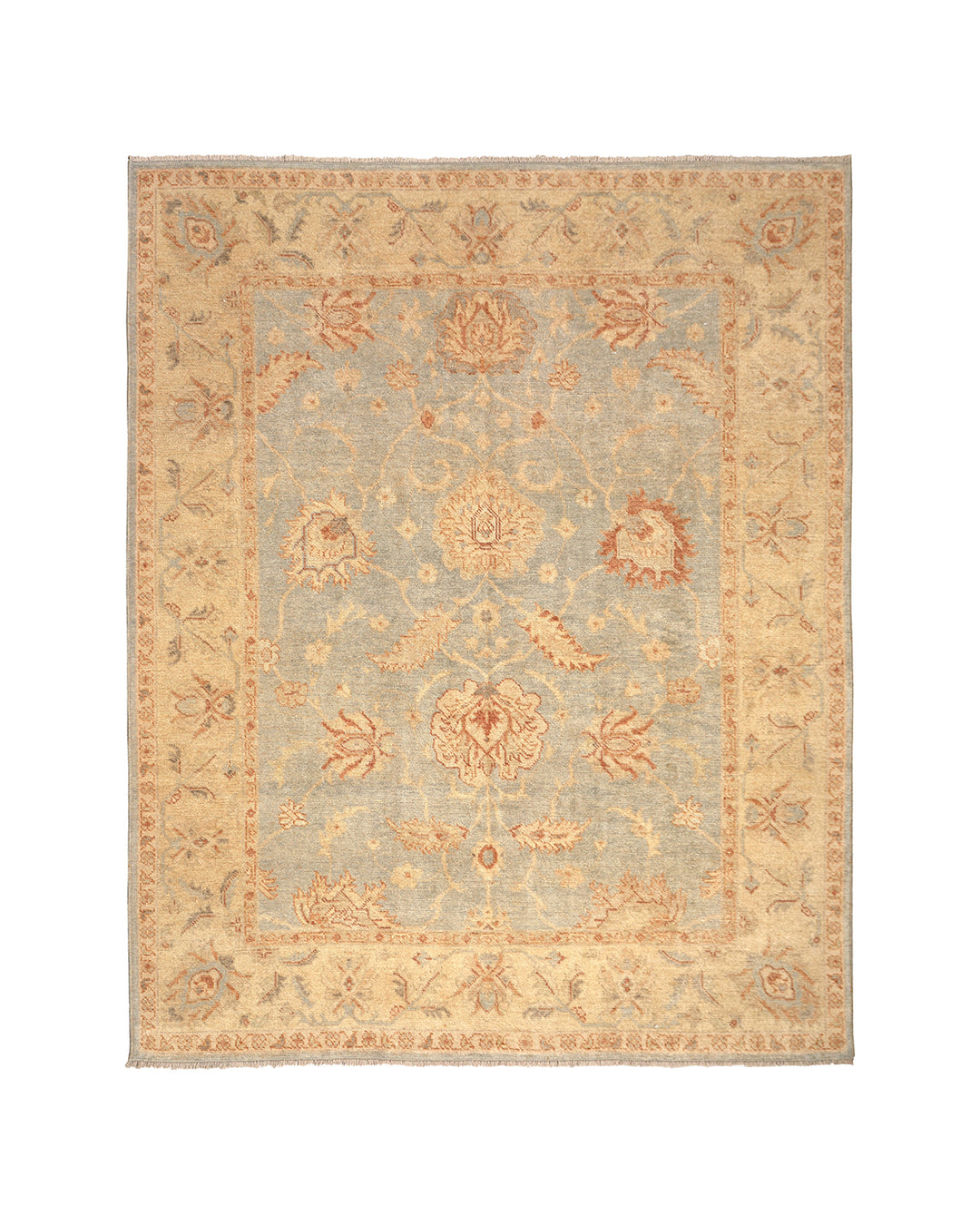 Hand-knotted 8'1" x 9'7" Afghan Oushak rug featuring a soft sky blue field with a sand goldish yellow border and terracotta and cream floral motifs.